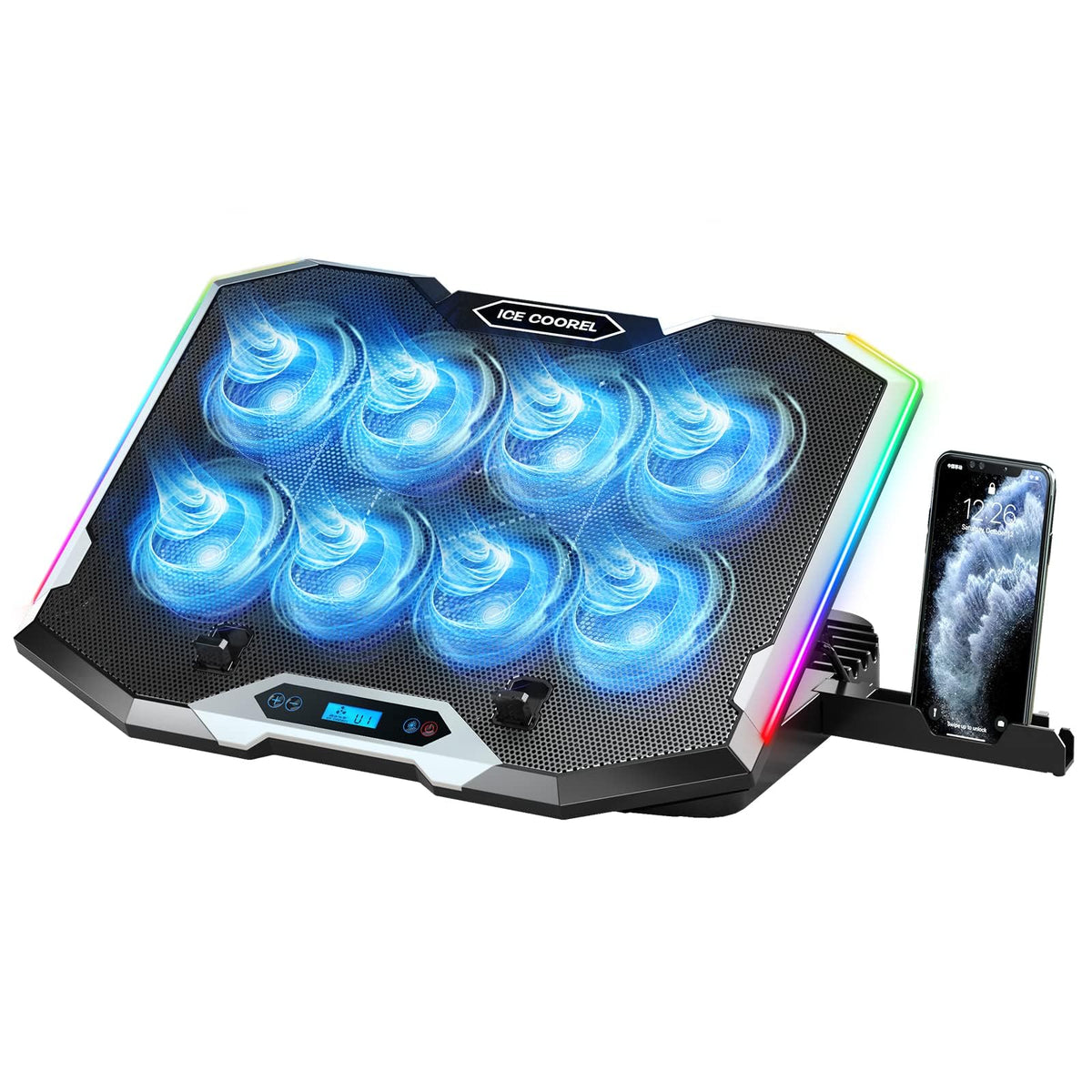 Gaming Laptop Cooling Pad with 8 Cooling Fans Laptop Fan Cooler Pad for 15-17.3 Inch Notebook Cooler Stand with 6 Height Adjustable RGB Cooling Pad with Two USB Port + Phone Stand